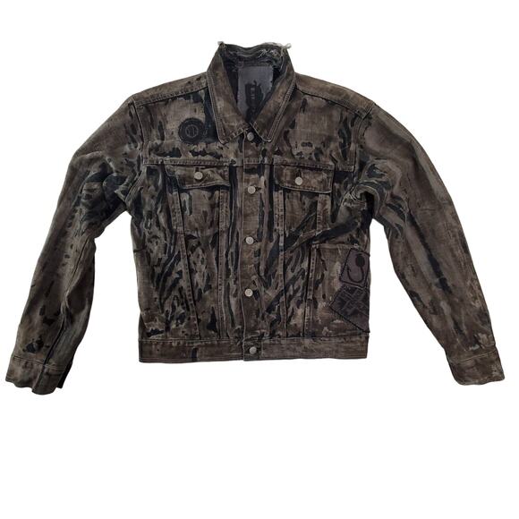 Buddhist Punk Jean Jacket Distressed Camo Demin Skulls Spider Web AC DC Size 2 - Picture 1 of 13